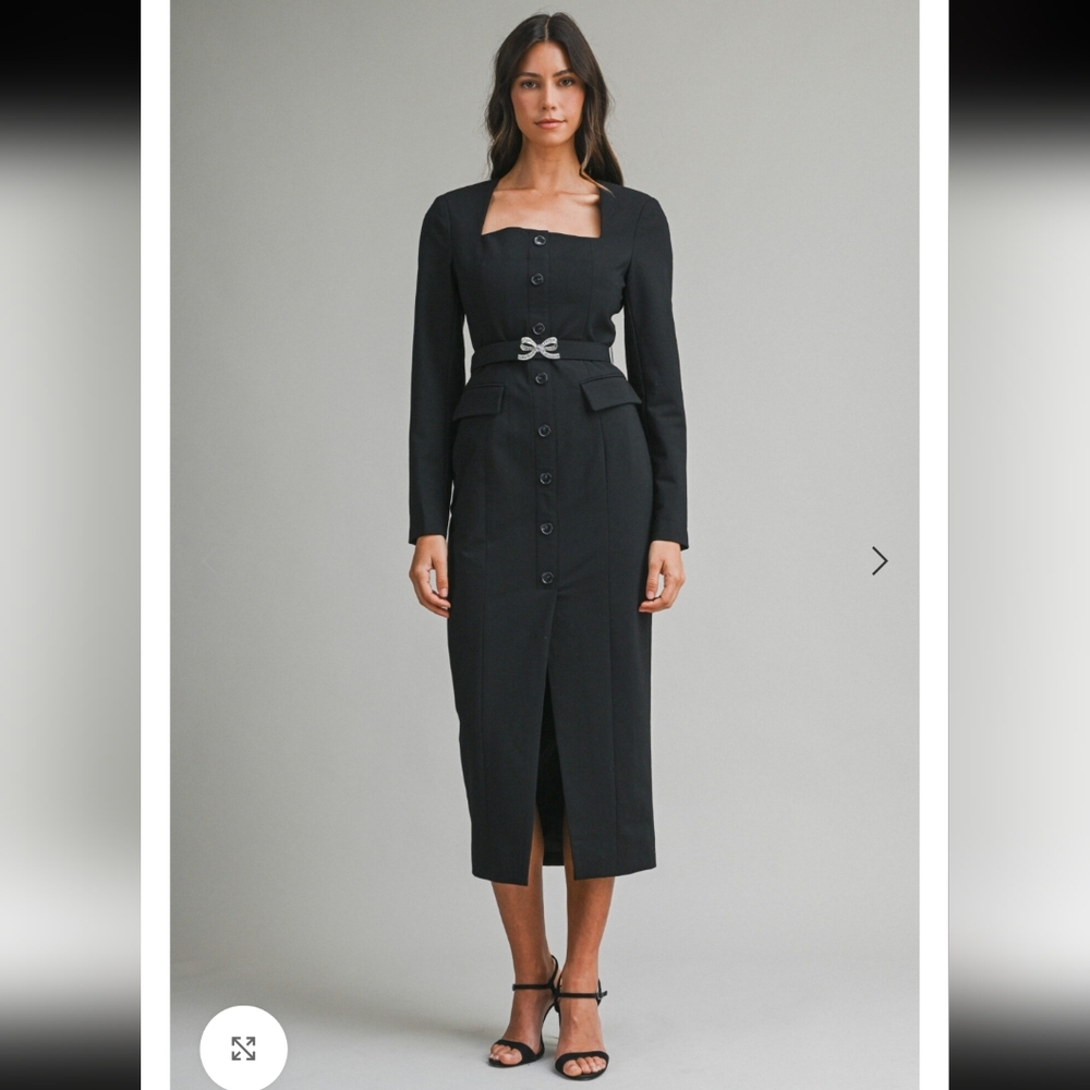 NWT Long Sleeve Black Midi Dress With Bow Embellished Belt